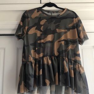 Zara Trafaluc Mesh Camo Peplum Top